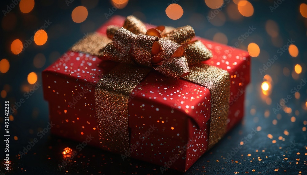 Poster red gift box tied with gold ribbon on a dark background with bokeh lights. festive image perfect for