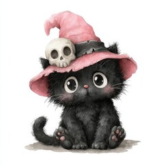 Cute Black Kitten in Pink Witch Hat with Skull