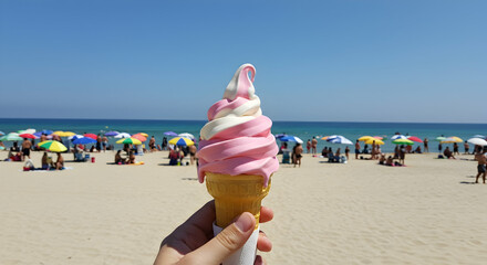 ice cream,  soft serve,  ice cream cone, Pink and White Soft Serve Ice Cream Cone on a Beach