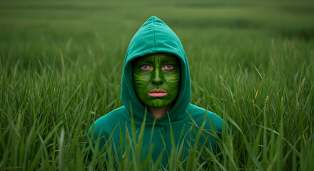 green,  hooded figure,  grass, Green Hooded Figure in Grass Field