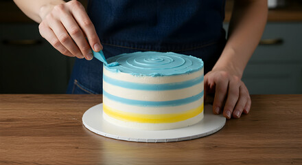 cake,  baking,  dessert, Woman's hands decorating a cake with blue and yellow frosting