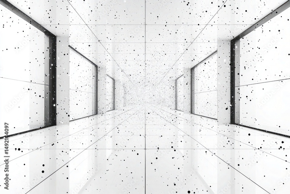 Aufkleber a corridor lined with openings and small, black particles floating in the space. concept for a futur
