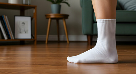 white socks,  sock,  feet, Close-up of a Person's Foot in a White Sock on a Wooden Floor