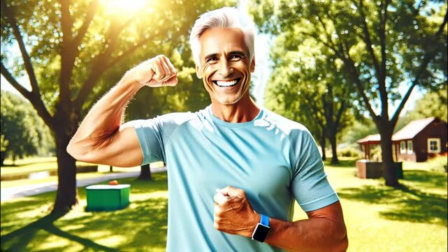 Older man smiling and flexing arms in sunny park, expressing strength and vitality
