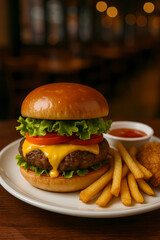 hamburger with french fries and Chicken