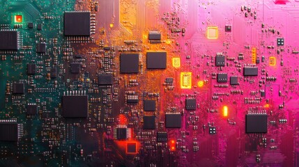 Obraz premium Colorful Circuit Board Close-up, Tech Background, Abstract Design, Digital