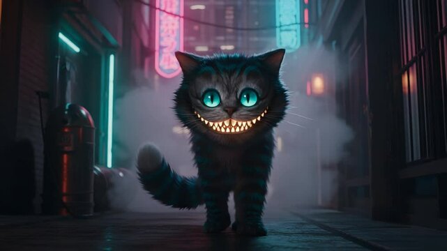 Cheshire Cat Walking with a Big Grin in Futuristic City Street