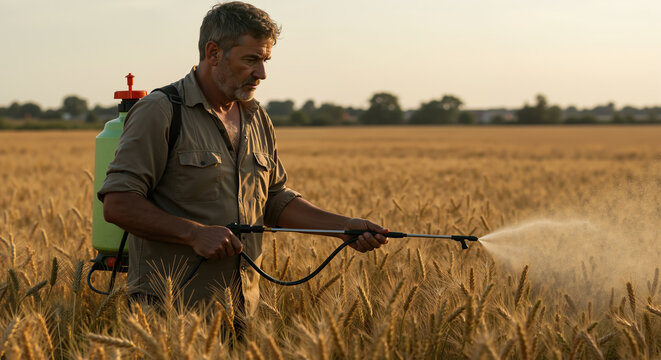 Farmer spraying pesticide on wheat field during sunset. Agricultural chemicals application for crop protection and yield enhancement raising environmental and health concerns