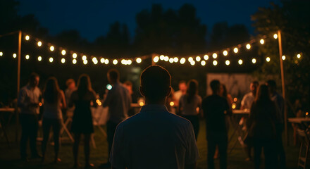 man,  back view,  silhouette, Man at a Nighttime Outdoor Gathering
