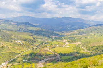 Fototapeta premium Wide angle shot of Bergama(pergamon) city center with iconic houses and Red Hall Basilica.