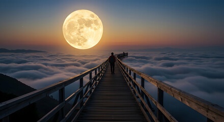 moon,  full moon,  large moon, Solitary Figure Walking on a Wooden Bridge Above Clouds Towards a Giant Moon