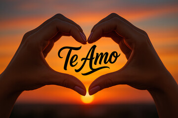  Female hands creating a heart shape in the center with text with the spanish phrase “Te Amo” against a colorful sunset background .