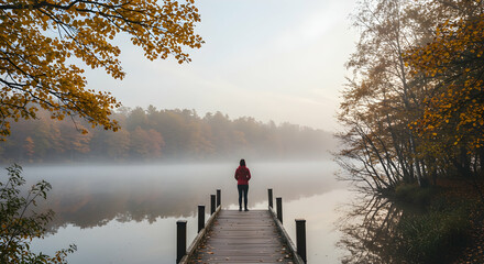 woman,  lake,  autumn, Woman standing on a wooden dock overlooking a foggy lake in autumn
