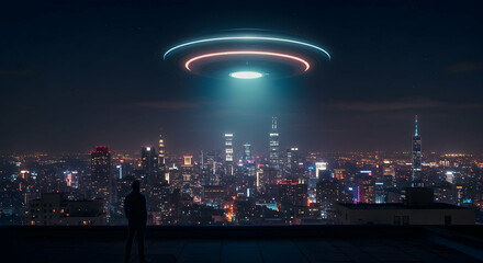 ufo,  unidentified flying object,  alien, Man Silhouetted Against City Skyline with UFO Overhead