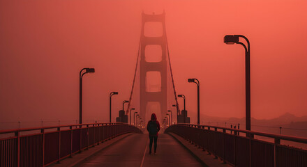 Golden Gate Bridge,  San Francisco,  California, Solitary Figure on Golden Gate Bridge in Red Fog