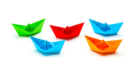 A group of five colorful origami paper boats arranged on a white surface in a studio setting