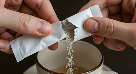 sugar,  sachet,  packet, Hands pouring sugar from a sachet into a cup
