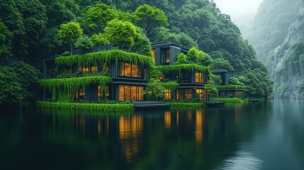 Obraz premium Eco-friendly resort nestled in a lush valley