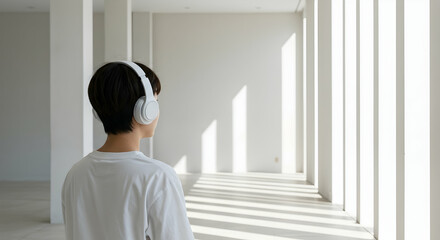Fototapeta premium woman, girl, young, Young Woman Listening to Music in Modern Architecture