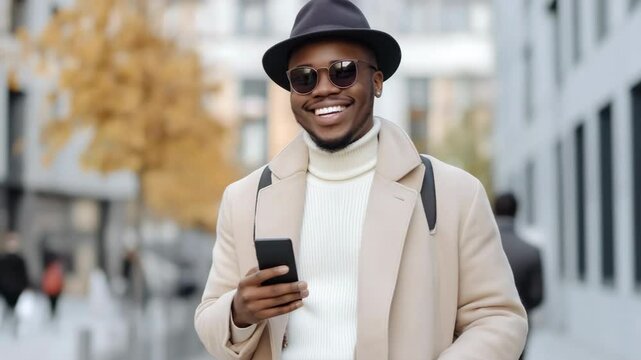 A man wearing a hat and a white coat is holding a cell phone. He is smiling and he is enjoying himself