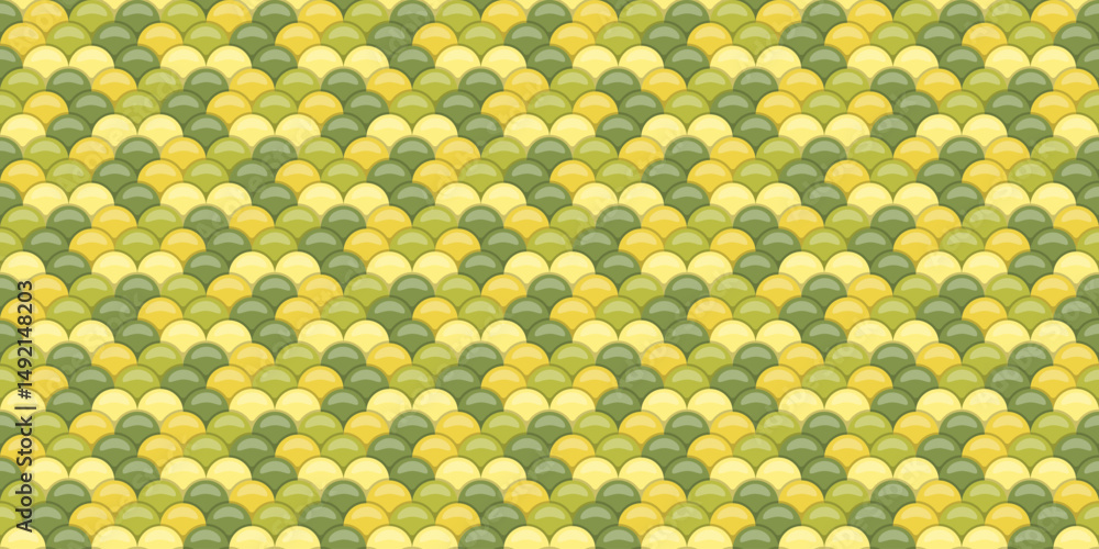 Poster abstract seamless pattern of overlapping pastel yellow and green semicircles, creating a scaly, text