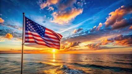 American flag on blue background with bold and vibrant colors, set against a calm ocean scene at sunset, sky, america,  sky