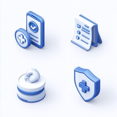 Collection of blue medical icons representing health check, report, and insurance on a clean background