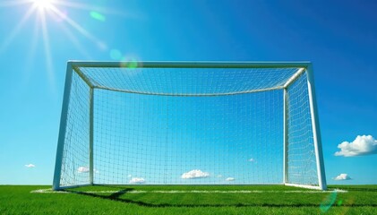 Empty soccer goal net against a bright blue sky , stadium, netting