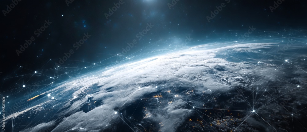 Poster global digital communication technology network connecting internet businesses with iot devices, blo