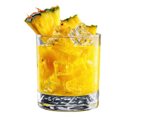 Tropical pineapple cocktail with ice and fresh fruit garnish on a transparent background, cut out