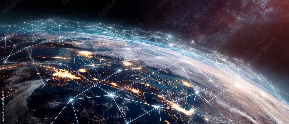 Poster global digital communication technology network connecting internet businesses with iot devices, blo