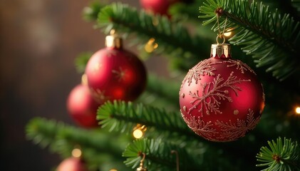 Obraz premium Festive holiday ornaments hanging on a decorated Christmas tree , beautiful, red