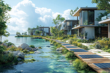 a futuristic coastal city with solar panel lined boardwalks, wind turbines