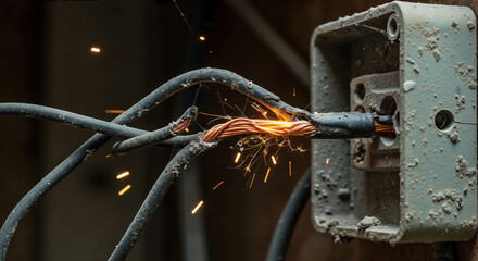 Damaged electrical wiring with exposed copper wires connected to metal junction box emitting sparks