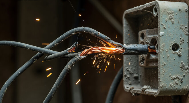 Damaged electrical wiring with exposed copper wires connected to metal junction box emitting sparks