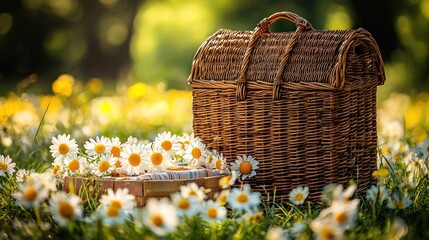 Picnic basket in a meadow of daisies