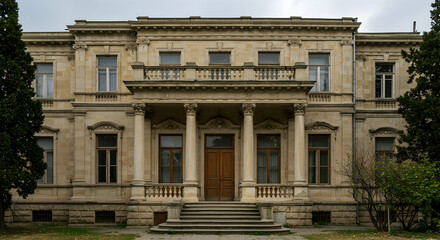 mansion, facade, building, Elegant Old Mansion Facade with Columns and Balcony