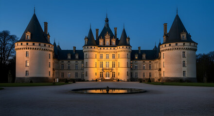 Obraz premium chateau, castle, french castle, Majestic Chateau at Dusk