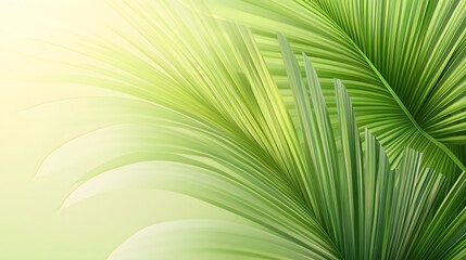 Obraz premium Digital illustration of lush, vibrant green palm leaves with a soft yellow background.