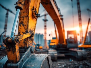 Fototapeta premium Close up of a rusty excavator arm at a construction site at sunset