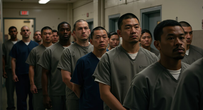 Line of inmates in prison uniforms standing in correctional facility hallway