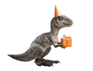 Birthday celebration with dinosaur holding gift on a transparent background, cut out