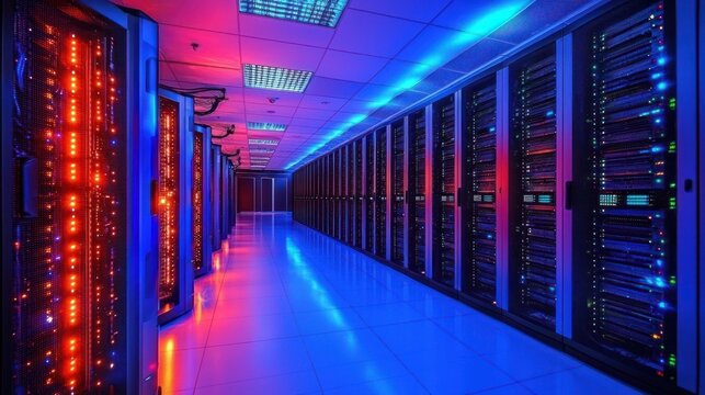 Server room illuminated with vibrant lights - Powered by Adobe