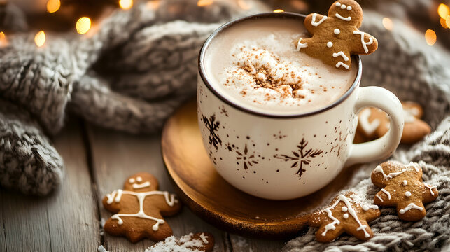Cozy winter scene featuring a festive cup of hot cocoa with gingerbread cookies