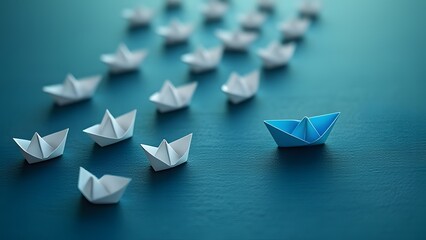 Blue Paper Boat Leading White Fleet Innovation Concept