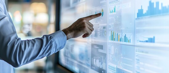 Professional analyst pointing at financial data on a digital screen with graphs and charts.