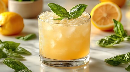Fototapeta premium Iced lemon drink with basil garnish on bright marble table, lemons nearby. Use in articles about summer cocktails, beverages, parties, or recipes.