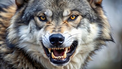 Fototapeta premium Close-up of wolf's mouth with sharp teeth and intense jaws, fierce, animal mouth, fierce, animal mouth, wild animal