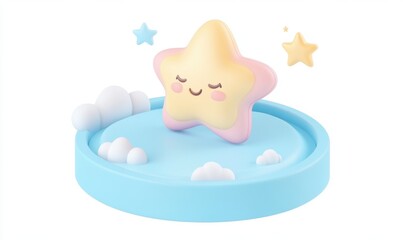 Sleepy star on cloud platform, night sky background, children's illustration, perfect for bedtime stories