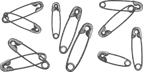 Halftone stipple elements set. Safety pins set with grunge dotted texture for y2k collage design, punk symbol. Retro photocopy vector illustration isolated on transparent background